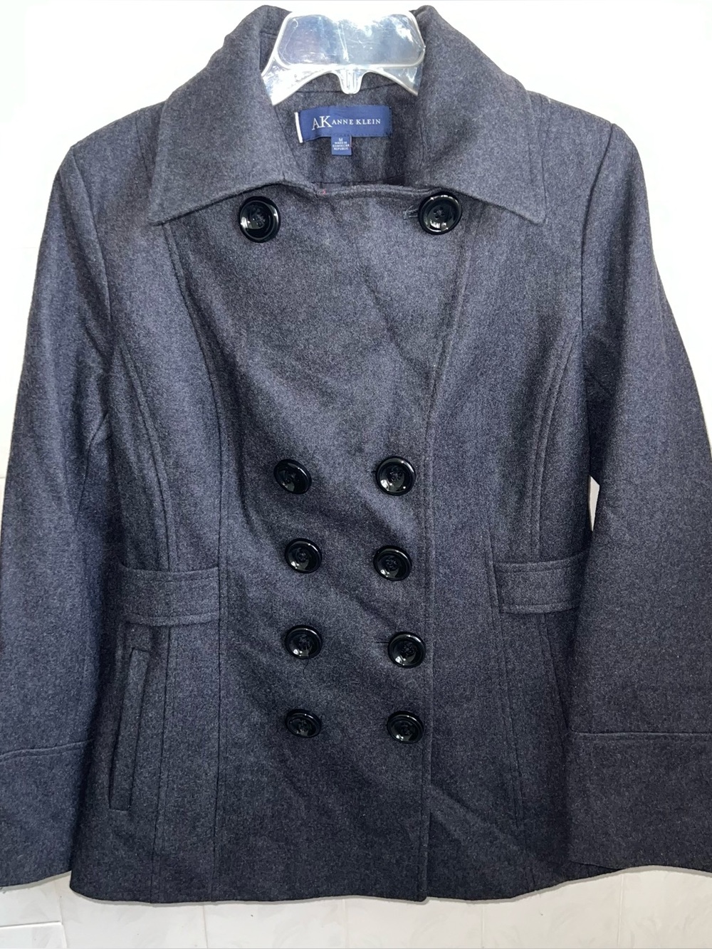 AK Anne Klein Charcoal Gray Double-Breasted 60% Wool Coat – Size Med